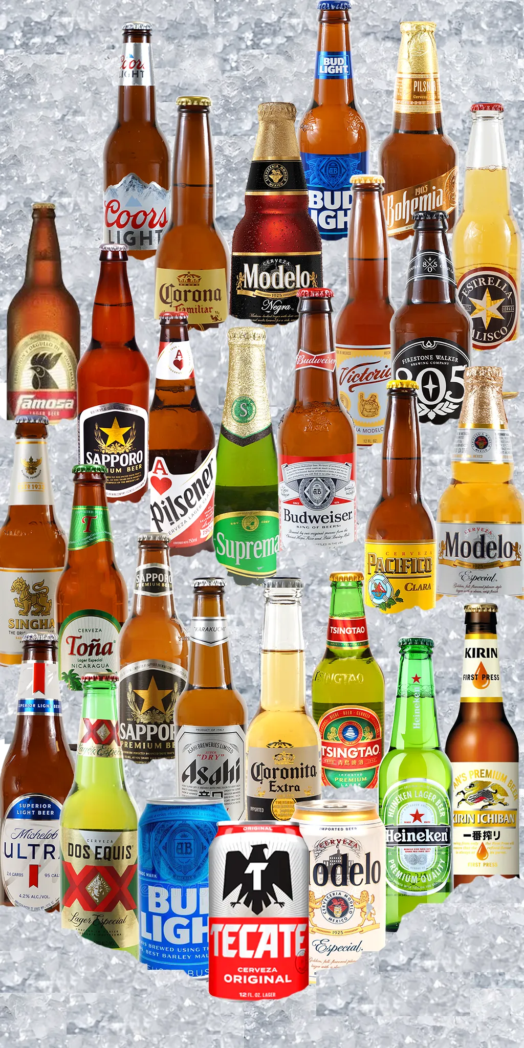Assortment of domestic and imported beer bottles and cans available wholesale at Canton Food Co.