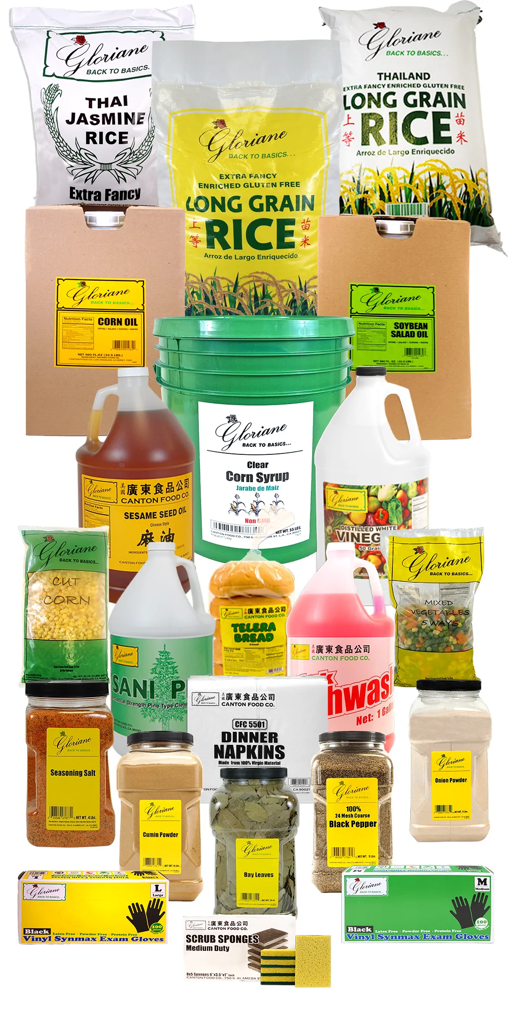 Assortment of Gloriane brand products including rice, oil, vinegar, cleaning supplies, and pantry staples