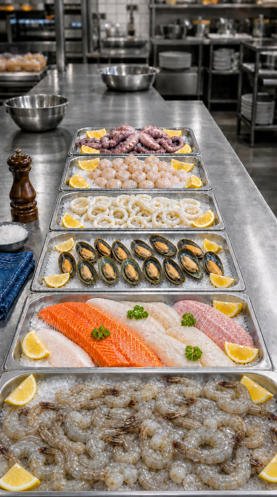 Fresh seafood display including crab legs, salmon, mussels, shrimp, and octopus on ice